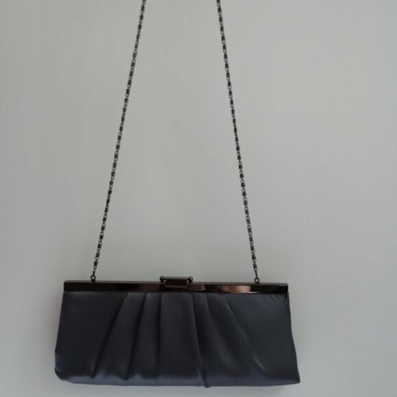 'Blaire' Slate Grey Satin & Gunmetal Silver Shoulder Strap Frame Clutch Bag - Picture 8 of 10